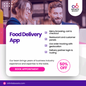 Mobile food delivery app interface showing restaurant listings, food categories, and real-time order tracking